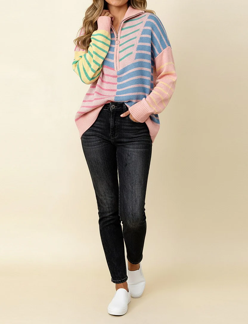 Women's Quater-Zip Striped Oversized Knit Sweater