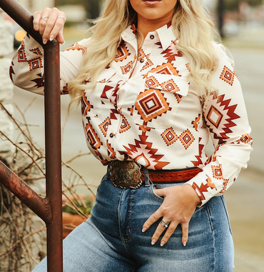 Women's Cream Aztec Button Up Long Sleeve Top