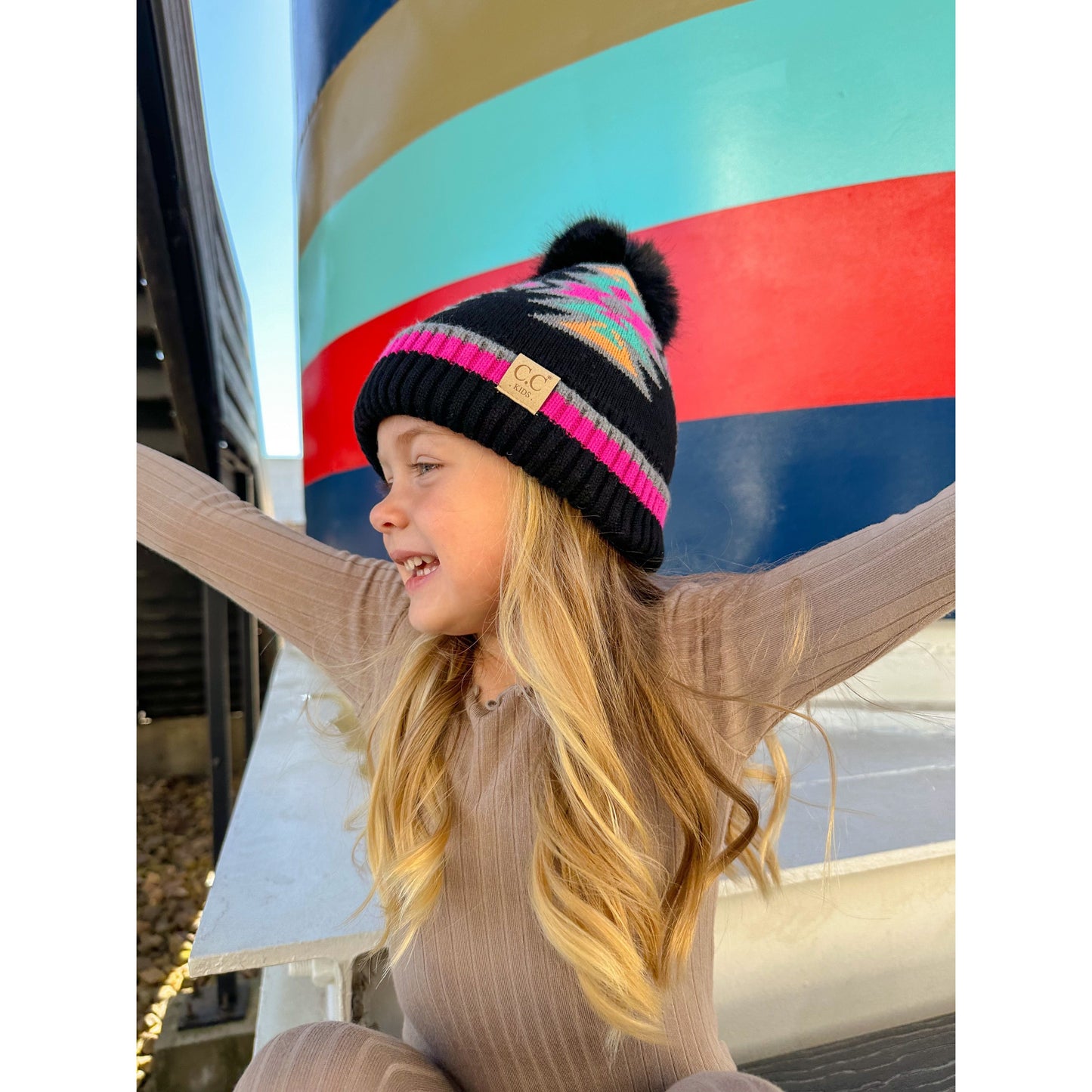 Children's Southwestern Faux Fur Pom Beanie