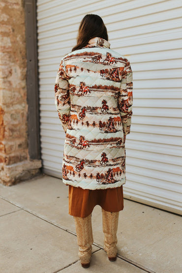 Women's Horse Printed Long Quilted Coat
