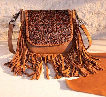 Genuine Leather Tooled Fringe Crossbody Purse