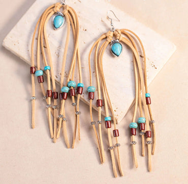 Suede Beaded Tassels Hook Statement Earrings