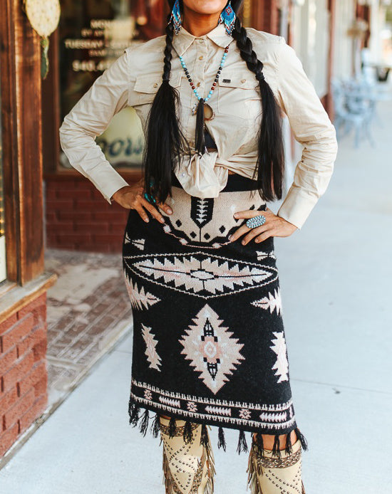 Women's Aztec Pattern Knit Fringe Slit Hem Skirt