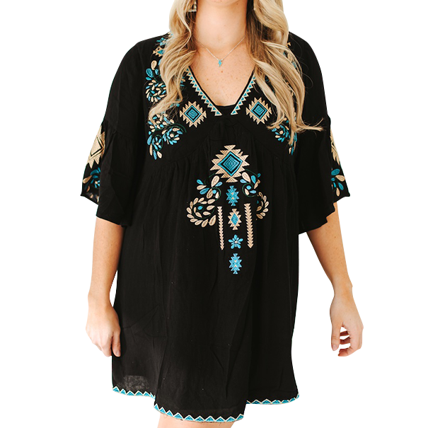 Aztec Embroidery Detail V-Neck Sleeve Knee Length Dress S Aztec Embroidery Detail V-Neck Sleeve Knee Length Dress S