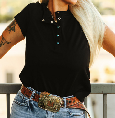 Women's Turquoise Snap Button Up T-Shirt