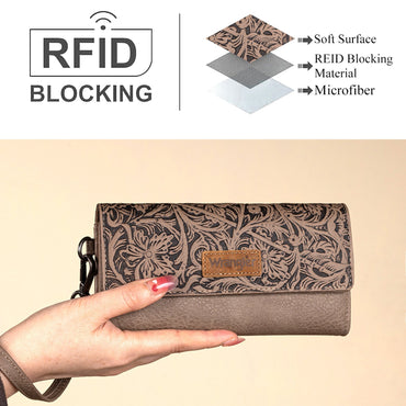 Western Floral Tooled Tri-Fold Wallet Wristlet