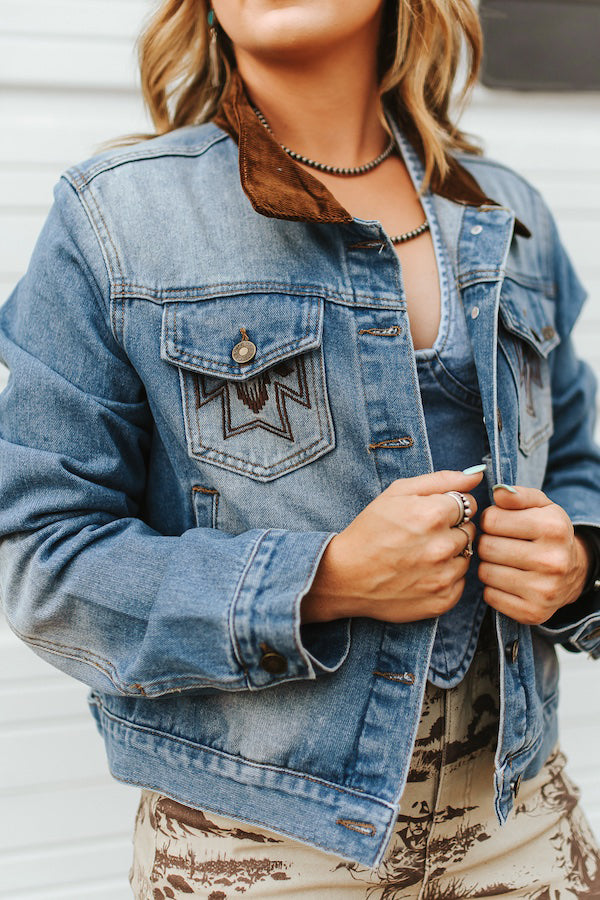 Women's Vintage Mid-Wash Embroidered Denim Jacket