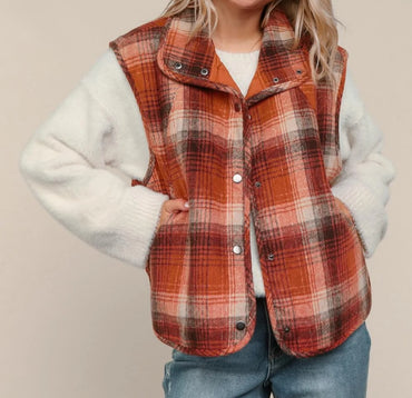 Womens High-Neck Button Up Plaid Puffer Vest