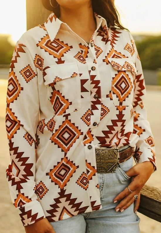 Women's Cream Aztec Button Up Long Sleeve Top