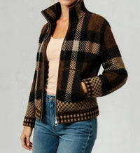 Women's High-Neck Plaid Zip-Up Cardigan Sweatshirt
