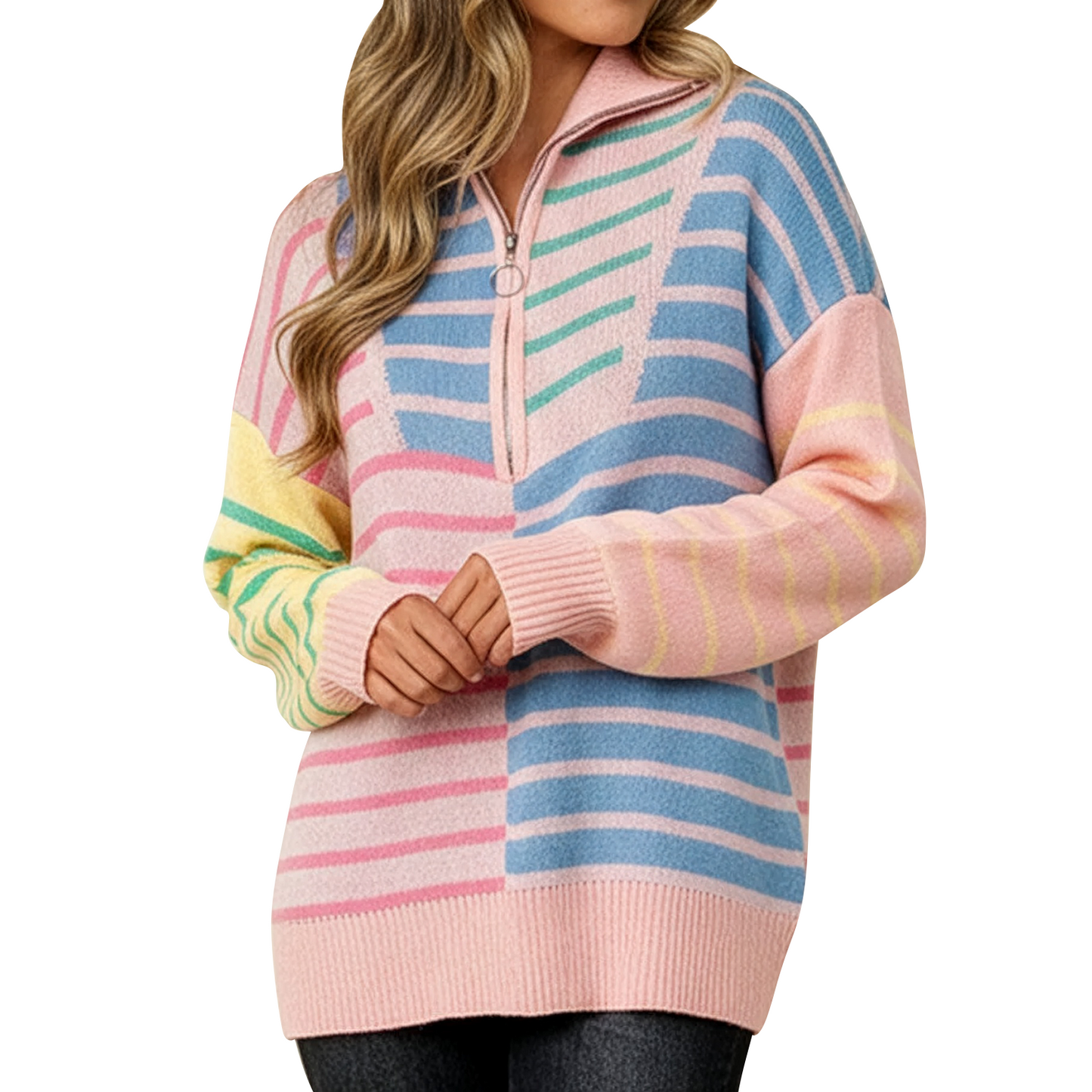Women's Quater-Zip Striped Oversized Knit Sweater