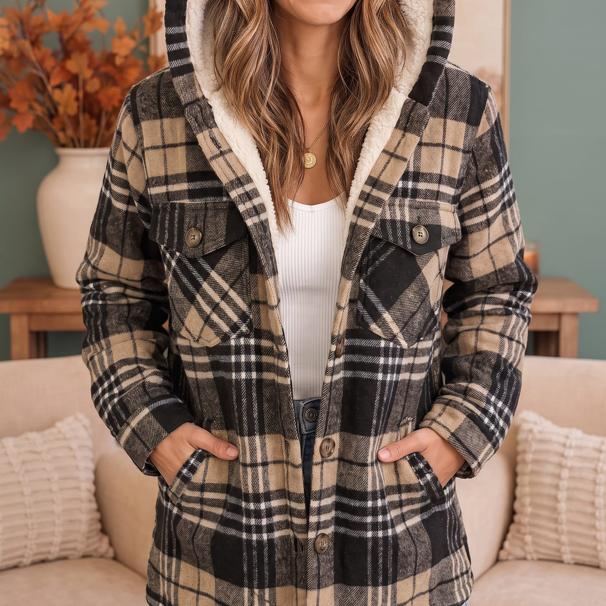 Women's Hooded Plaid Sherpa Lined Button Front Shacket