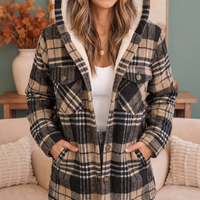 Women's Hooded Plaid Sherpa Lined Button Front Shacket