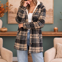 Women's Hooded Plaid Sherpa Lined Button Front Shacket