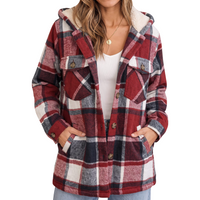 Women's Hooded Plaid Sherpa Lined Button Front Shacket