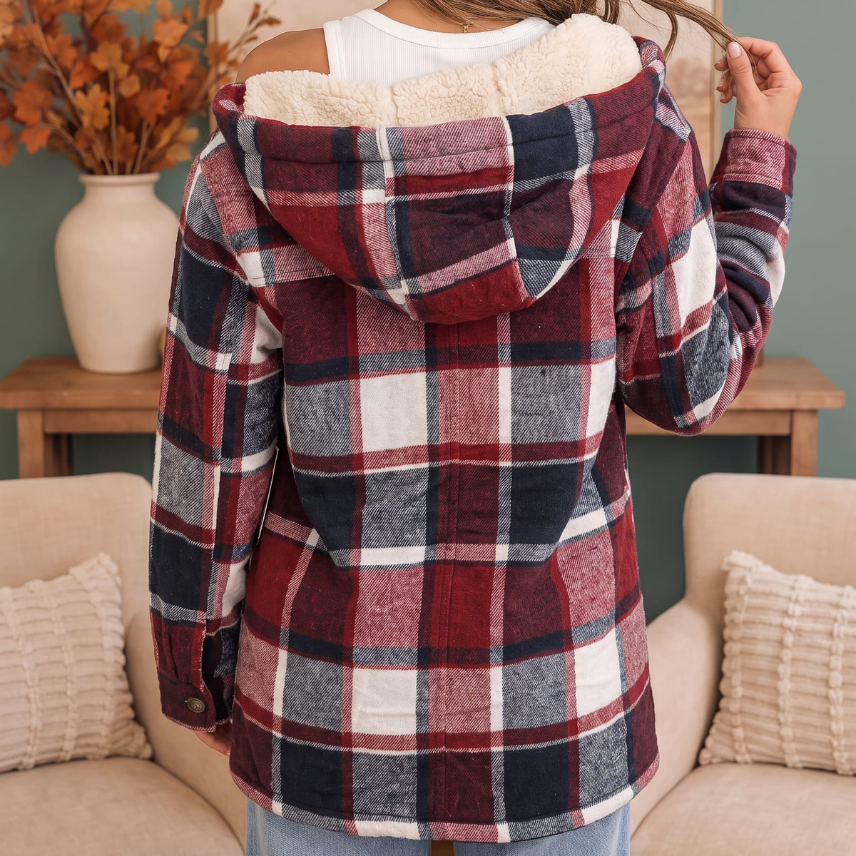 Women's Hooded Plaid Sherpa Lined Button Front Shacket