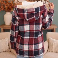Women's Hooded Plaid Sherpa Lined Button Front Shacket