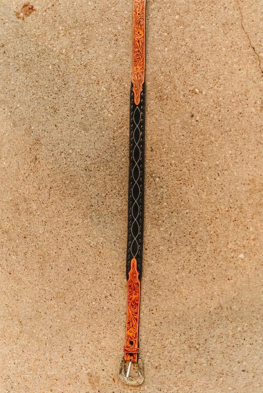 Tolled Leather Buckstitch Detail Western Belt