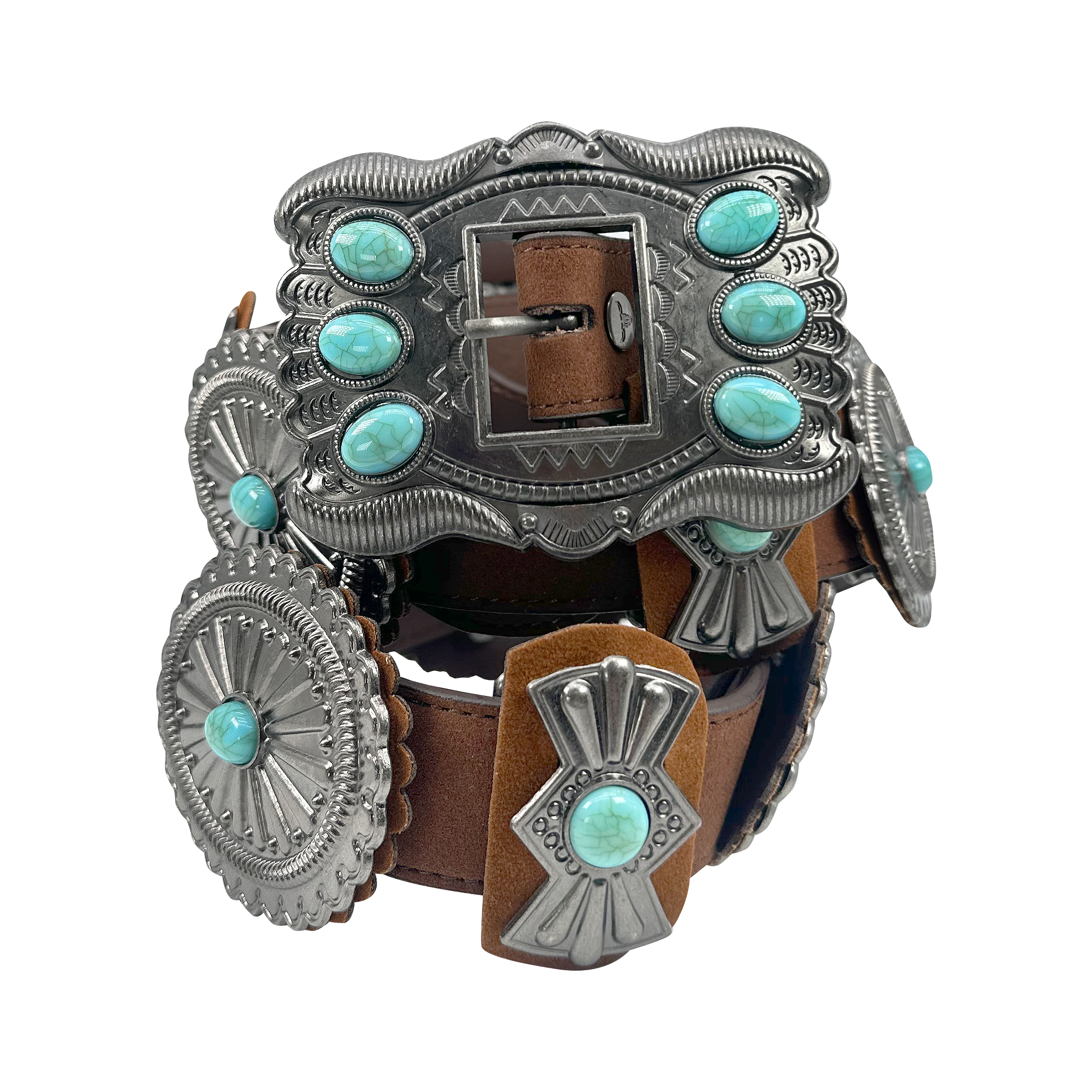 Leather Oval Ribbon Turquoise Stone Concho Belt