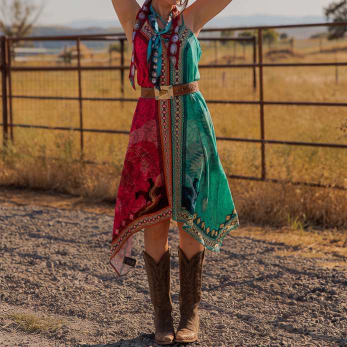 Western Red & Turquoise Printed Handkerchief Dress