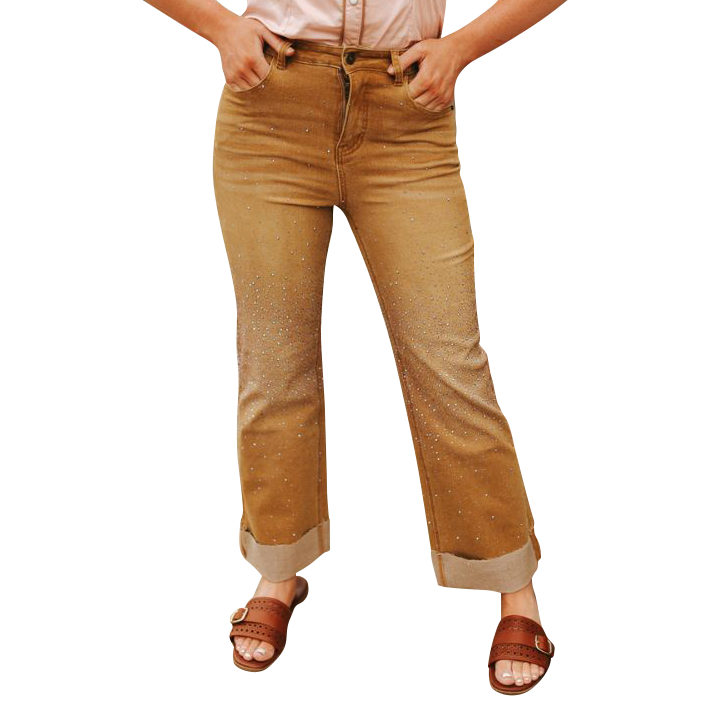 Women's Camel Wash Denim Rhinestone Detail Cuffed Wide Leg High Rise Jeans