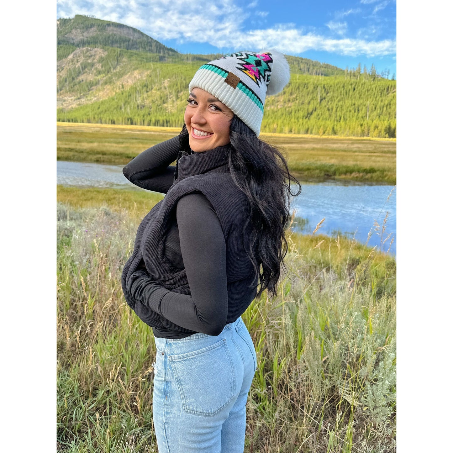 Southwestern Faux Fur Pom Beanie