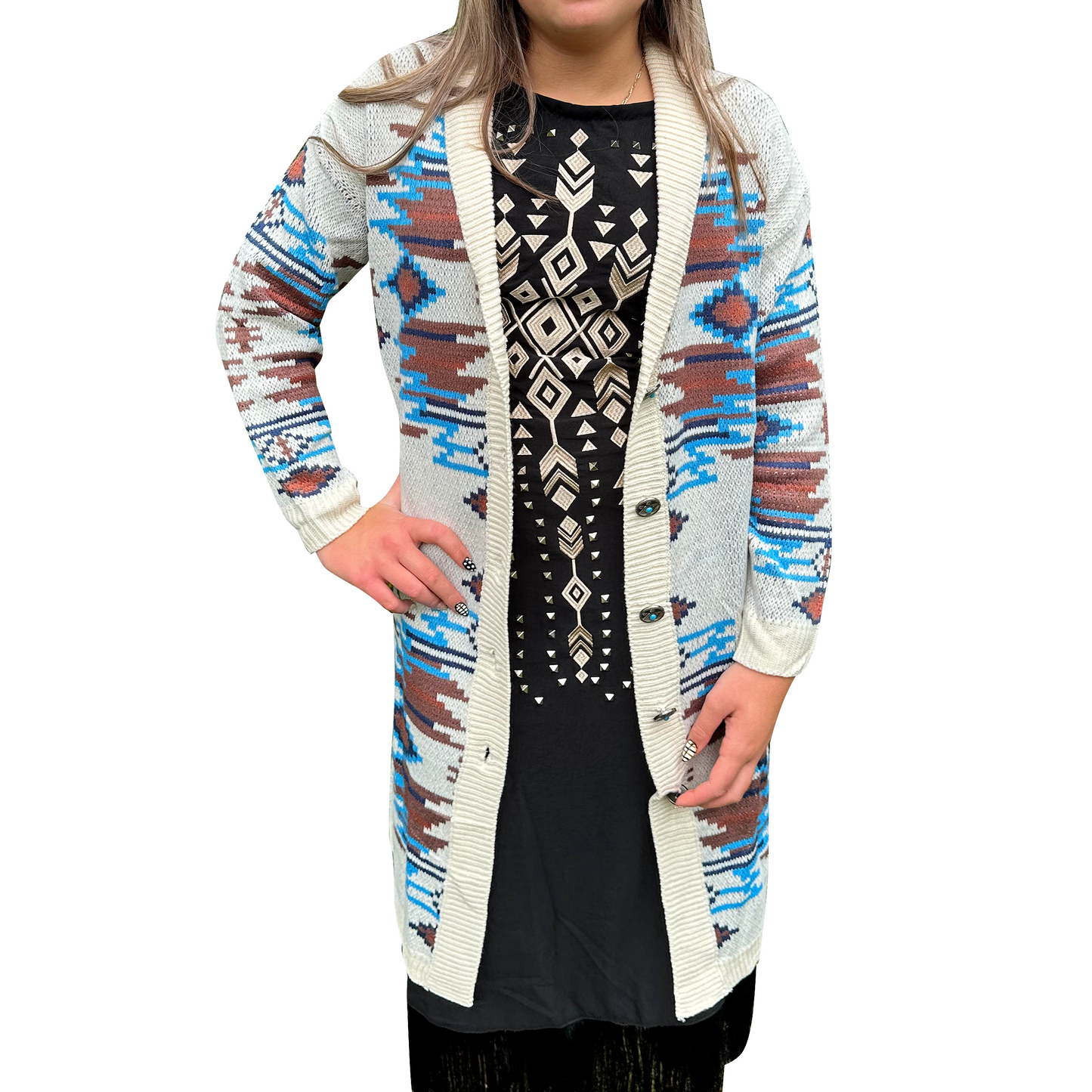 Women's Knit Long Sleeve Button Down Aztec Duster
