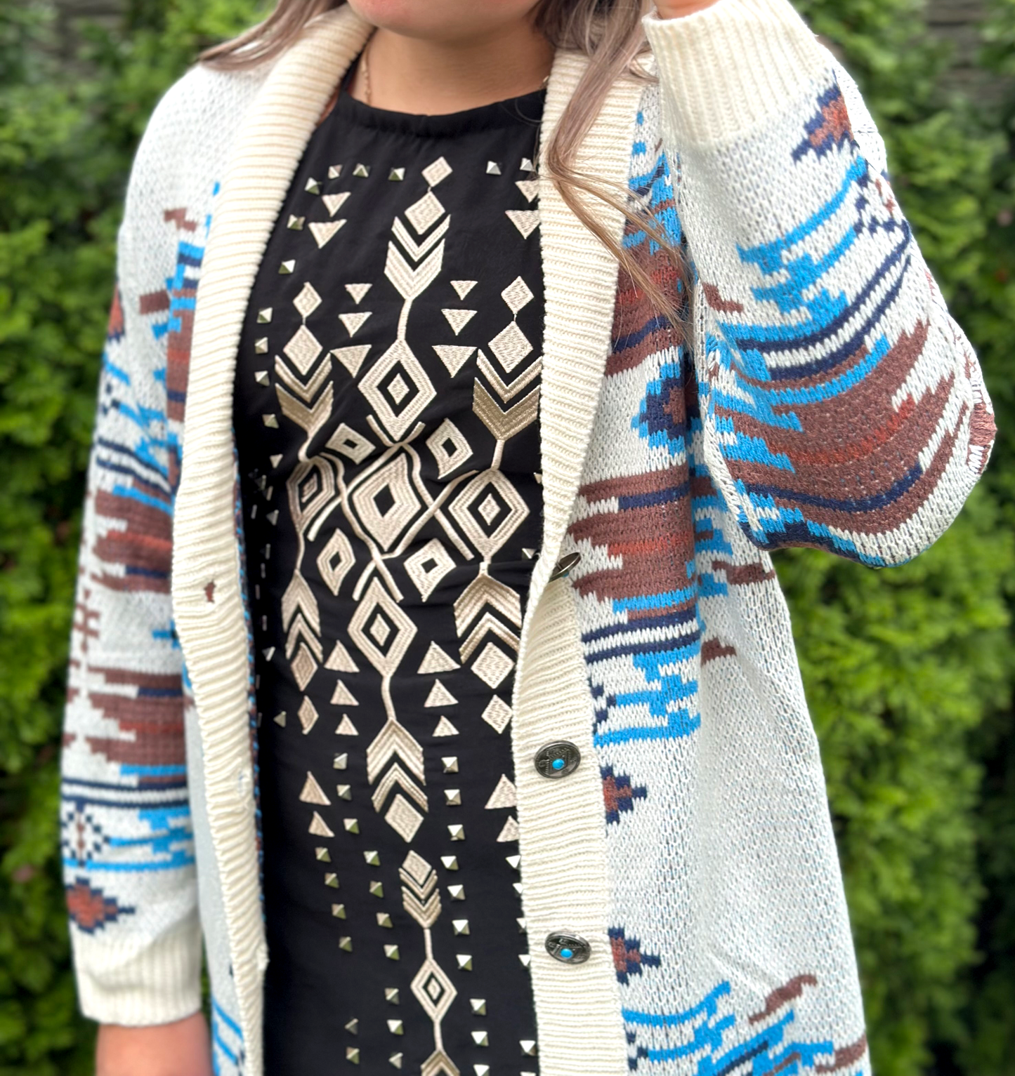 Women's Knit Long Sleeve Button Down Aztec Duster