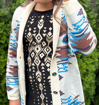 Women's Knit Long Sleeve Button Down Aztec Duster