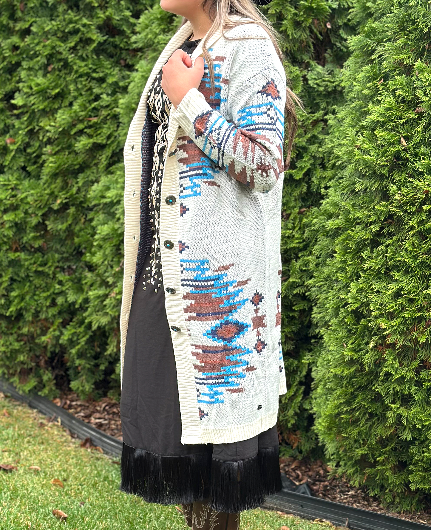 Women's Knit Long Sleeve Button Down Aztec Duster