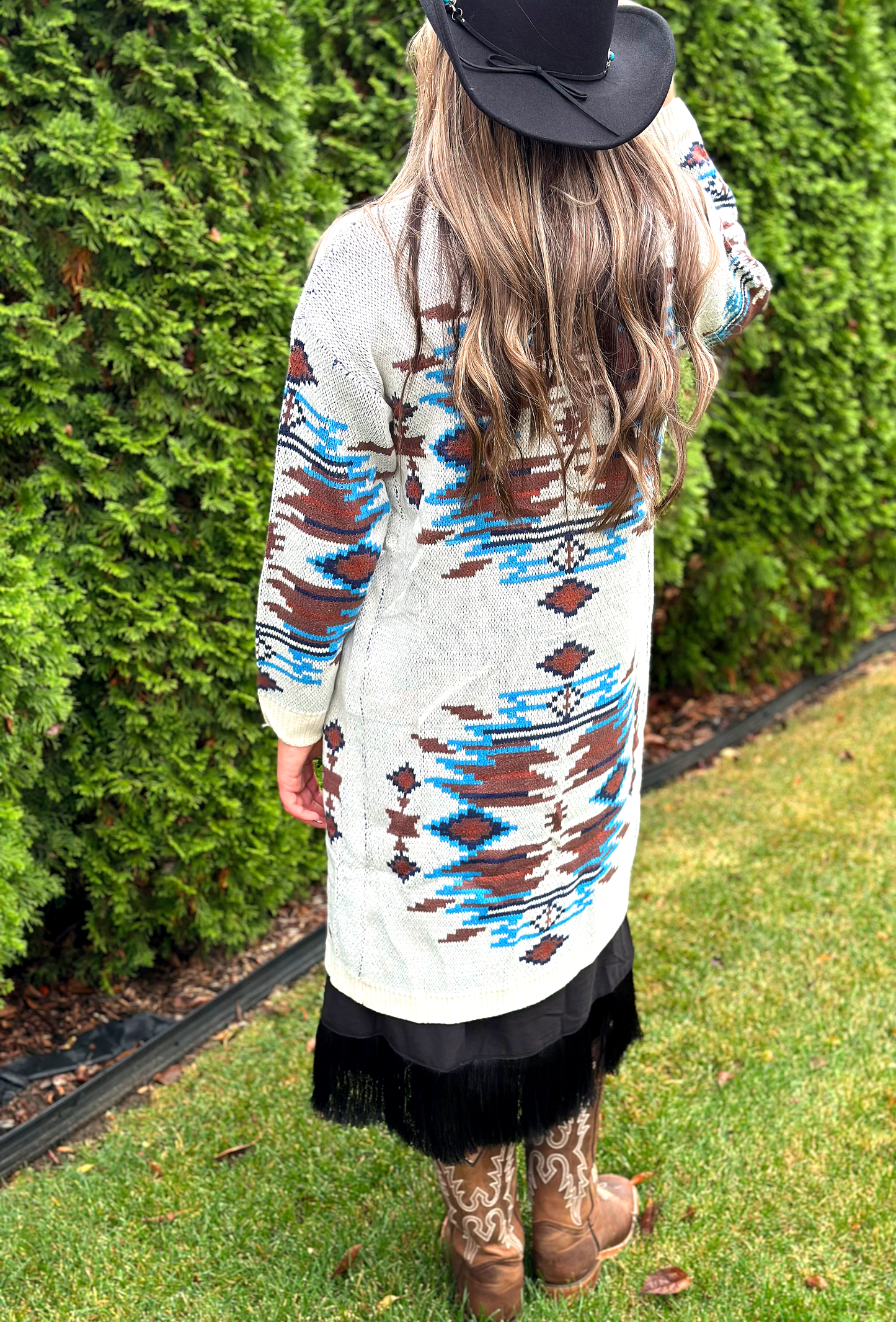 Women's Knit Long Sleeve Button Down Aztec Duster