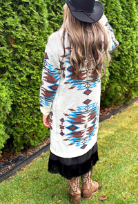 Women's Knit Long Sleeve Button Down Aztec Duster