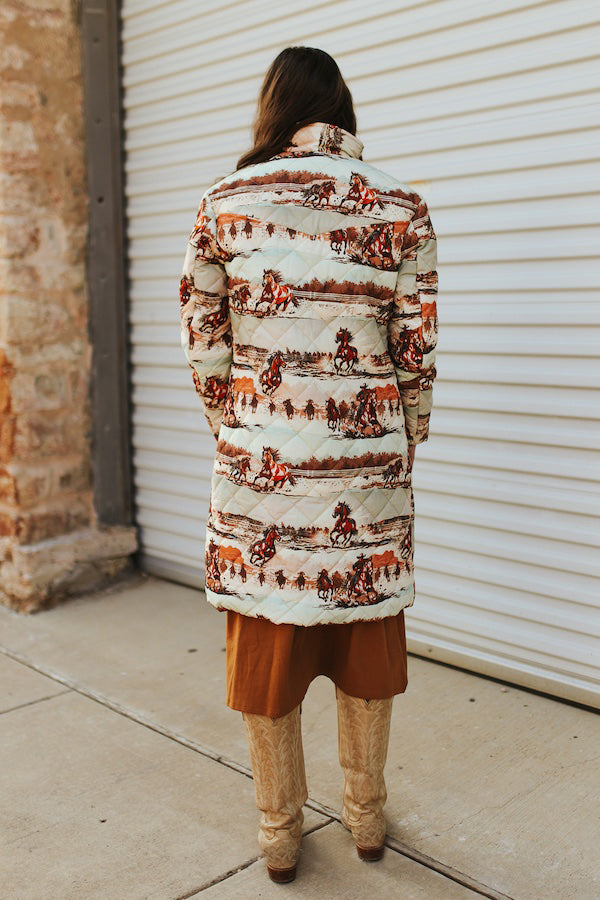 Women's Horse Printed Long Quilted Coat