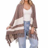 Women's Mocha Striped Fringed Cozy Wrap Cardigan