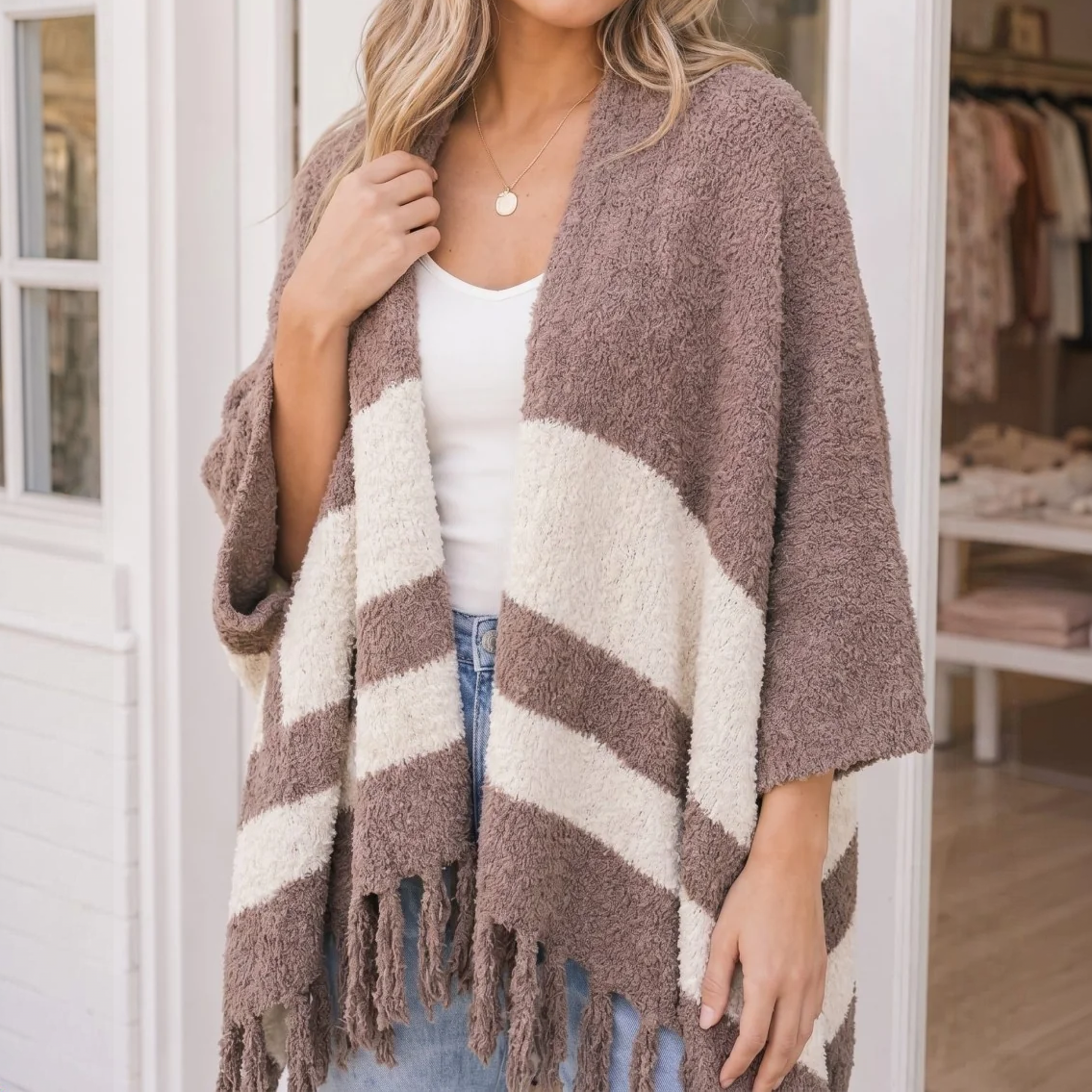 Women's Mocha Striped Fringed Cozy Wrap Cardigan