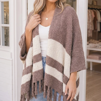 Women's Mocha Striped Fringed Cozy Wrap Cardigan