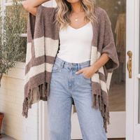 Women's Mocha Striped Fringed Cozy Wrap Cardigan