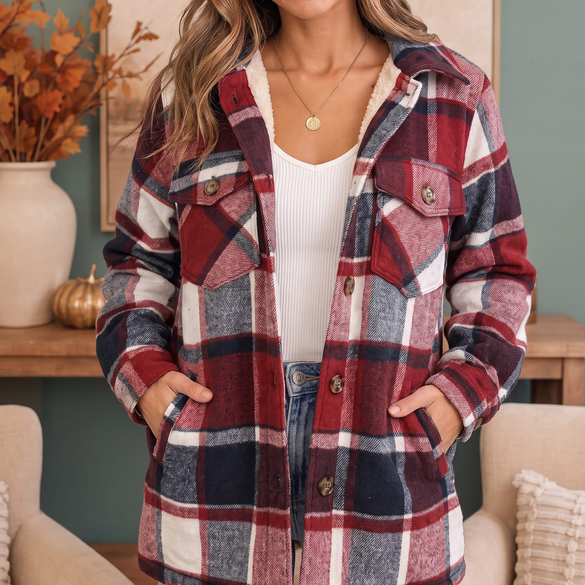 Women's Collar Plaid Sherpa Lined Button Front Shacket