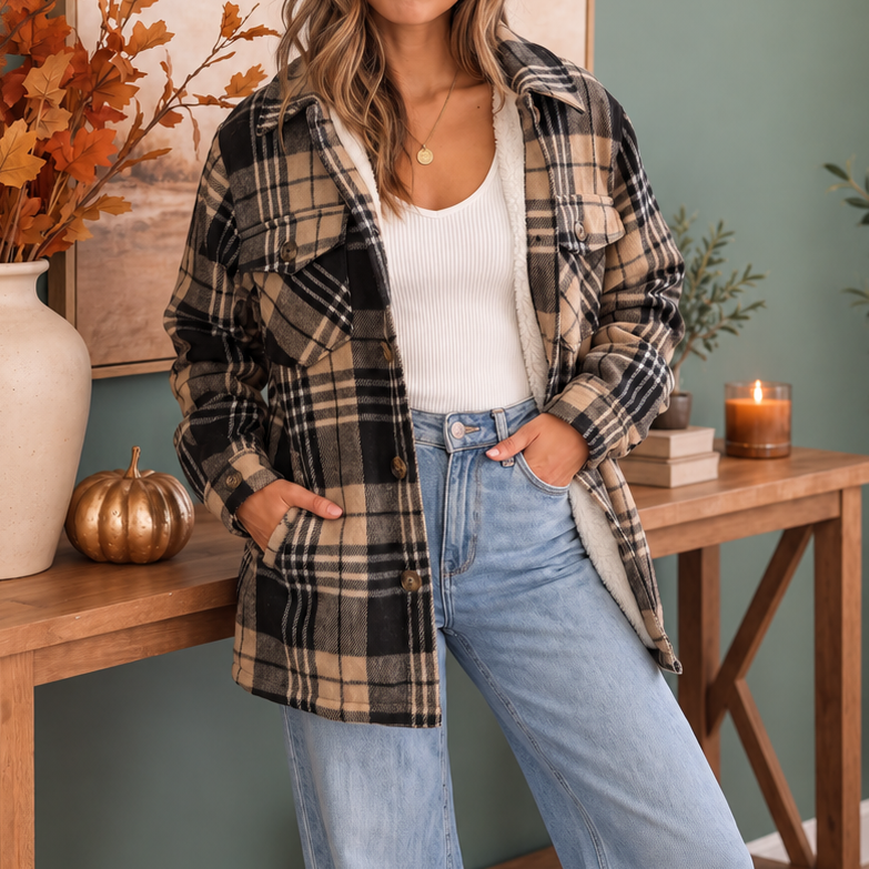 Women's Collar Plaid Sherpa Lined Button Front Shacket