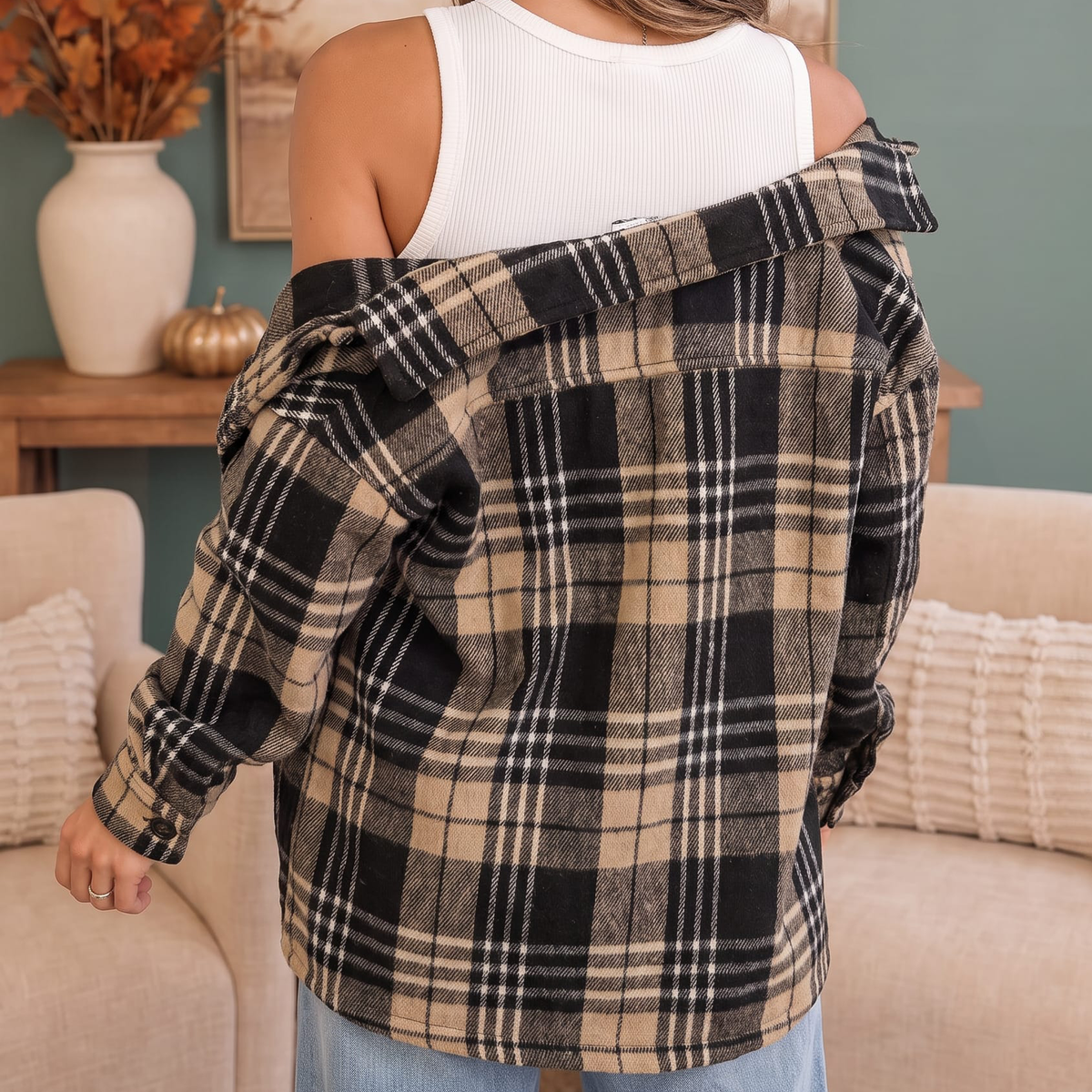 Women's Collar Plaid Sherpa Lined Button Front Shacket
