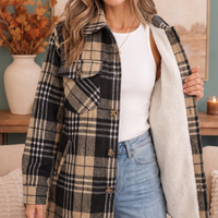 Women's Collar Plaid Sherpa Lined Button Front Shacket