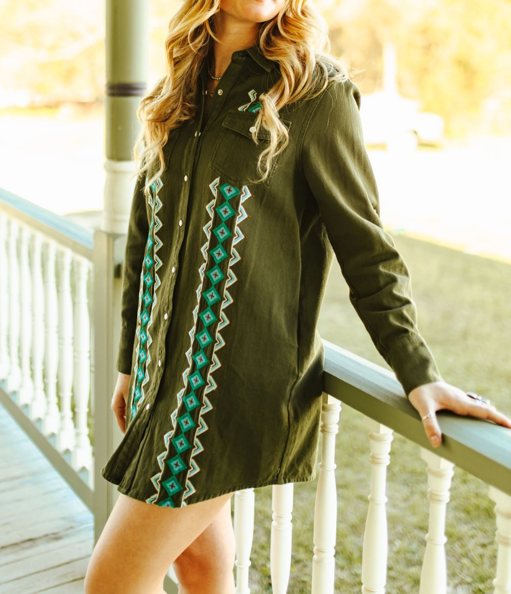 denim embroidered shirt dress Stetson Women's Denim Aztec/Rose Embroidered Shirt Dress