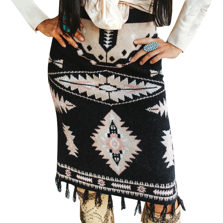 Women's Aztec Pattern Knit Fringe Slit Hem Skirt