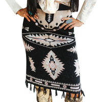 Women's Aztec Pattern Knit Fringe Slit Hem Skirt