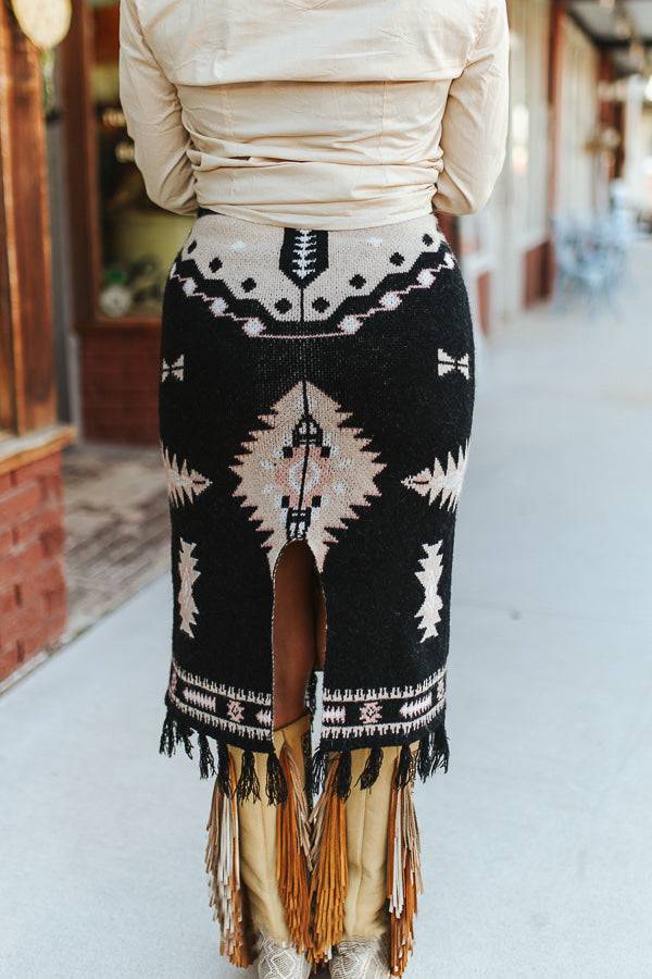 Women's Aztec Pattern Knit Fringe Slit Hem Skirt