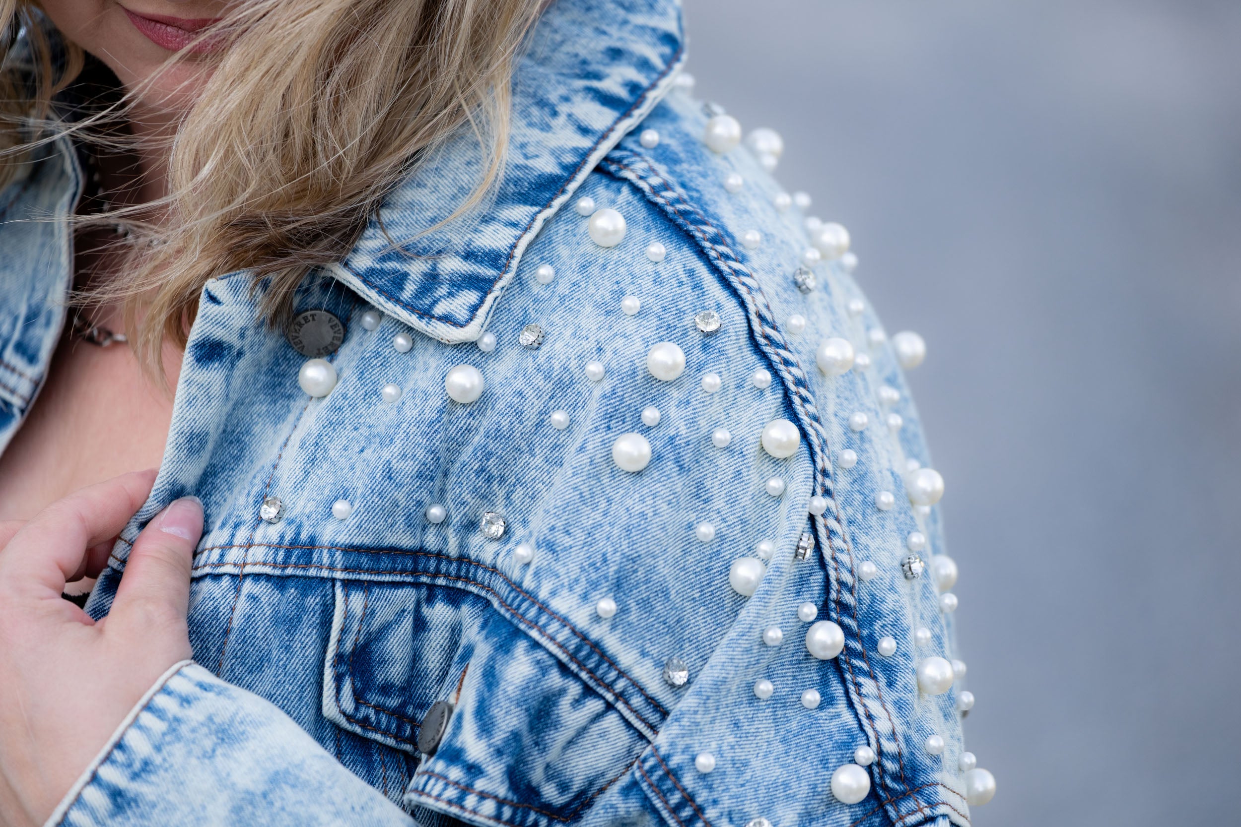 Women's Pearl & Rhinestone Overfit Denim Jacket by Veveret