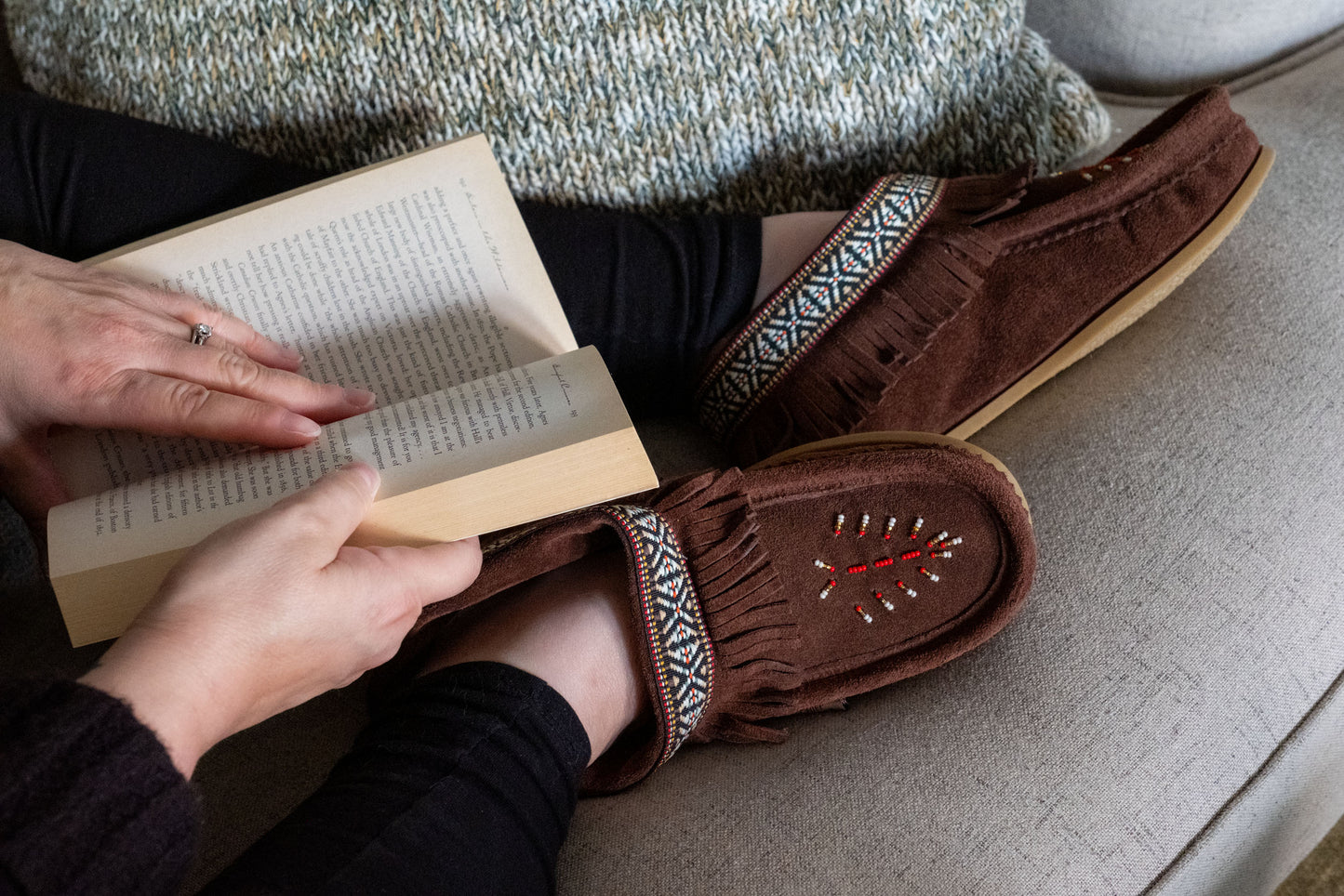 Women's Lined Fringed Ankle Moccasin Slippers with Sole