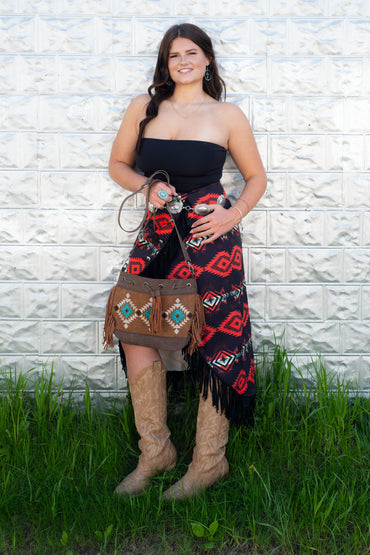 Aztec Asymmetrical Concho Button Wrap Fringe Skirt