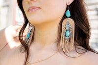 Turquoise Stone Suede Tassels Statement Earrings