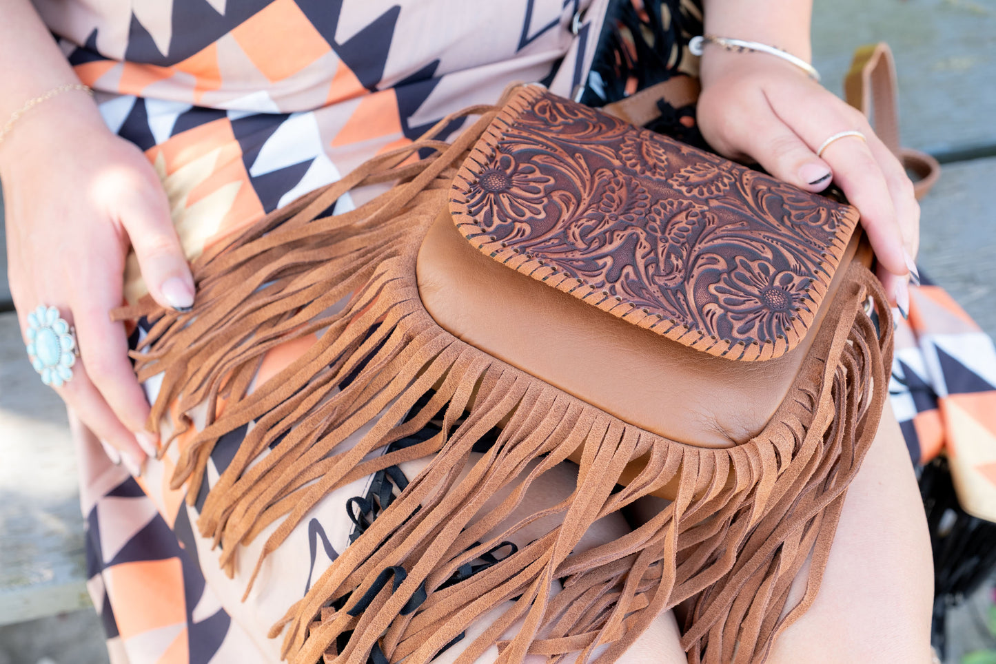 Genuine Leather Tooled Fringe Crossbody Purse